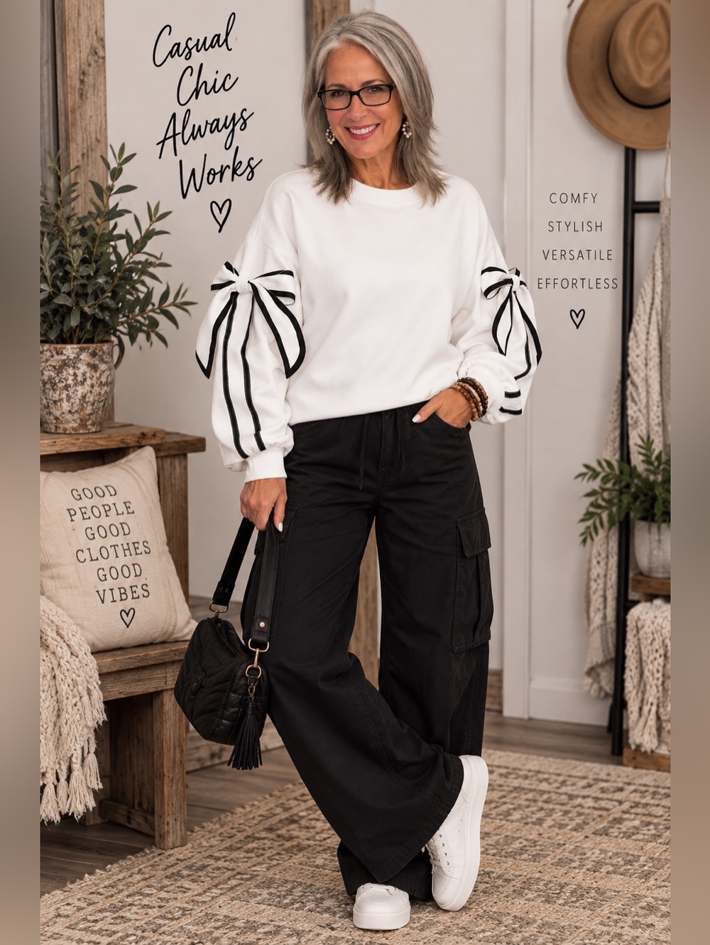 White Bow Sleeve Sweatshirt Black Trim Statement Balloon Sleeve Pullover